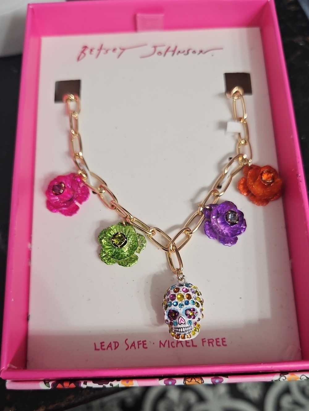 Betsey Johnson Gold Chain Necklace with Multicolor Flower Charms & Crystal Skull